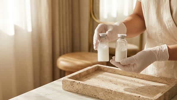 Mãos com luvas brancas a segurar dois frascos de vidro sem rótulo, um com gel branco e outro com pó fino, sobre um tabuleiro de travertino